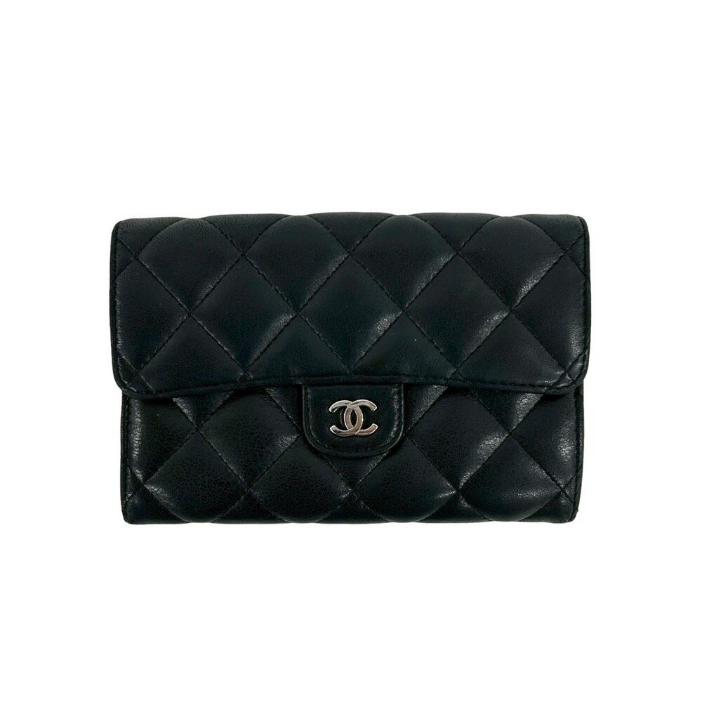 CHANEL Black Lambskin Leather Logo Wallet